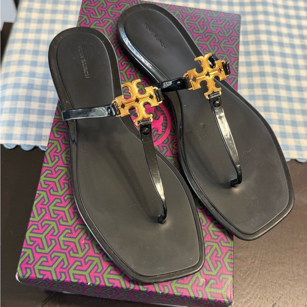 Tory Burch Black Jelly Thong Sandals with Gold Logo